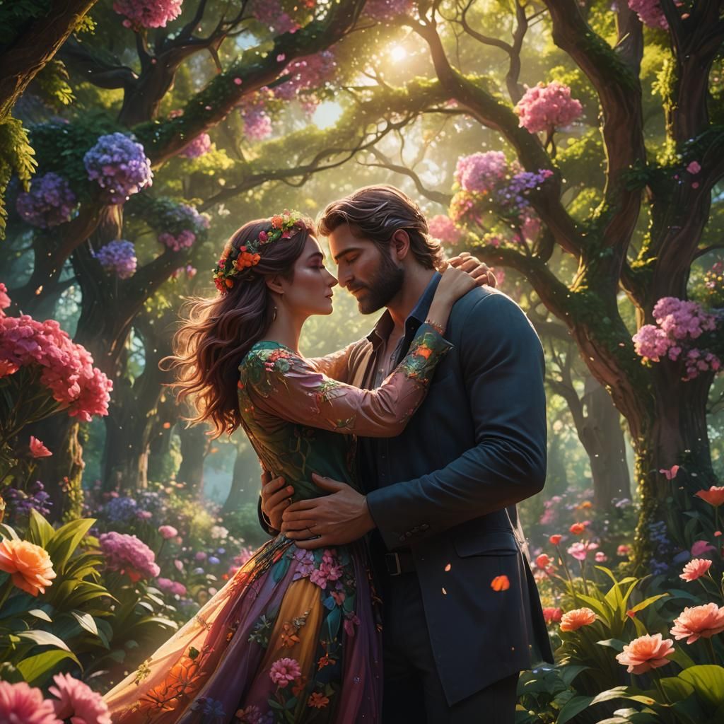 Energetic Couple Embracing in Lush Fantasy Garden