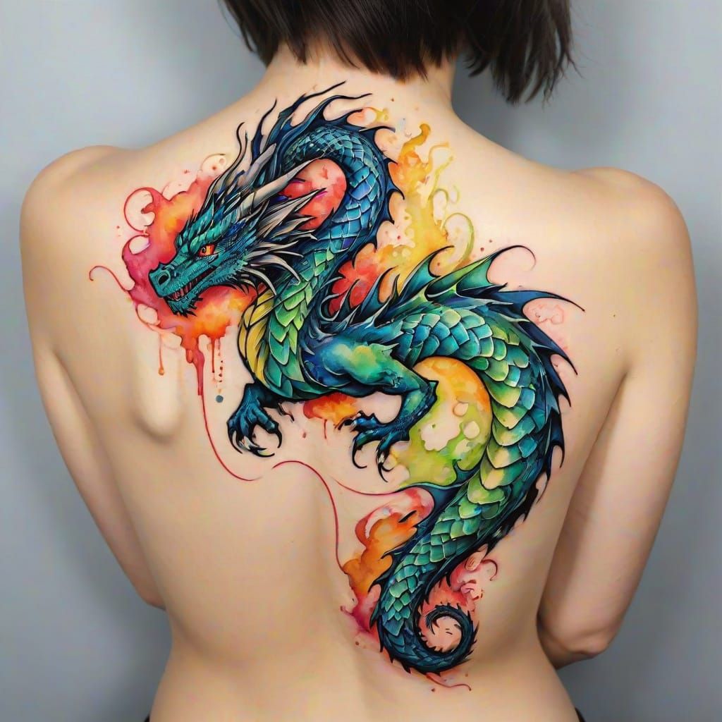 Alcohol ink drawing of a dragon tattoo on a neck and shoulde...