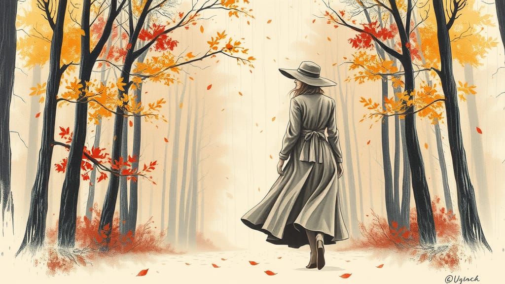 Autumn Woman in Stormy Forest, Sepia Pencil Sketch