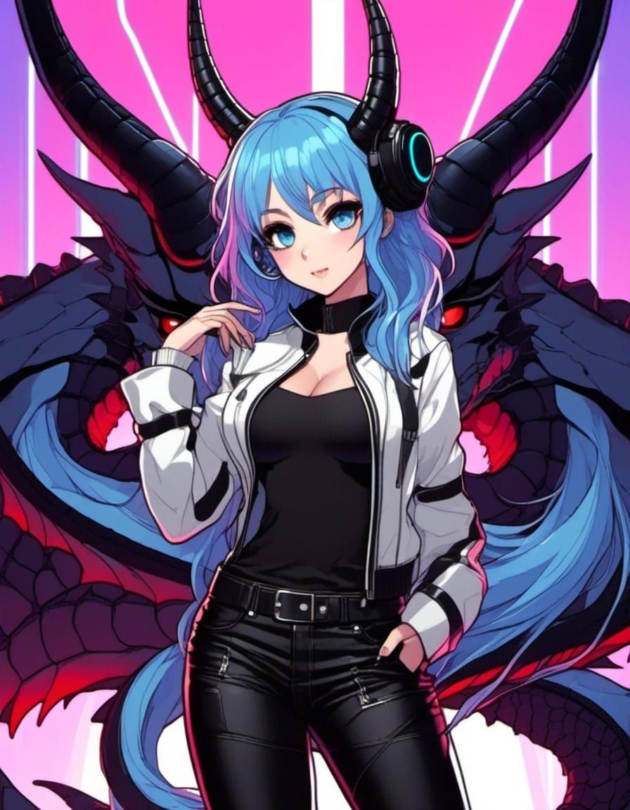 Kawaii anime cyberpunk dragon lady, black horns, black and red wings platinum blue wavy hair, blue eyes, white flowing b...