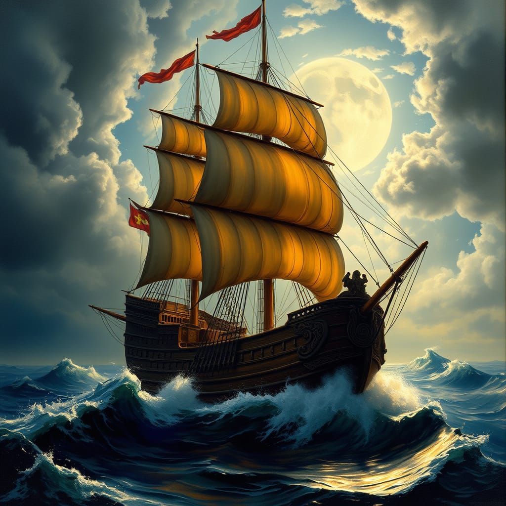 Majestic Spanish Galleon in Moonlit Storm