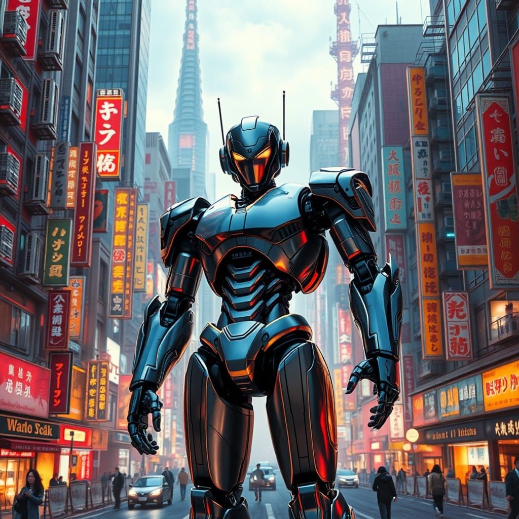 Futuristic Robot in Neon Tokyo: Cyberpunk Cityscape