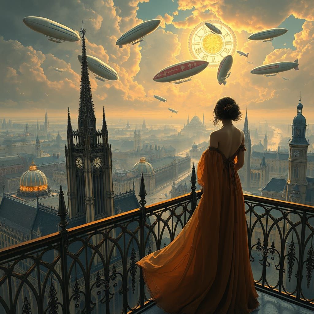 Art Nouveau Woman Overlooking Steampunk City