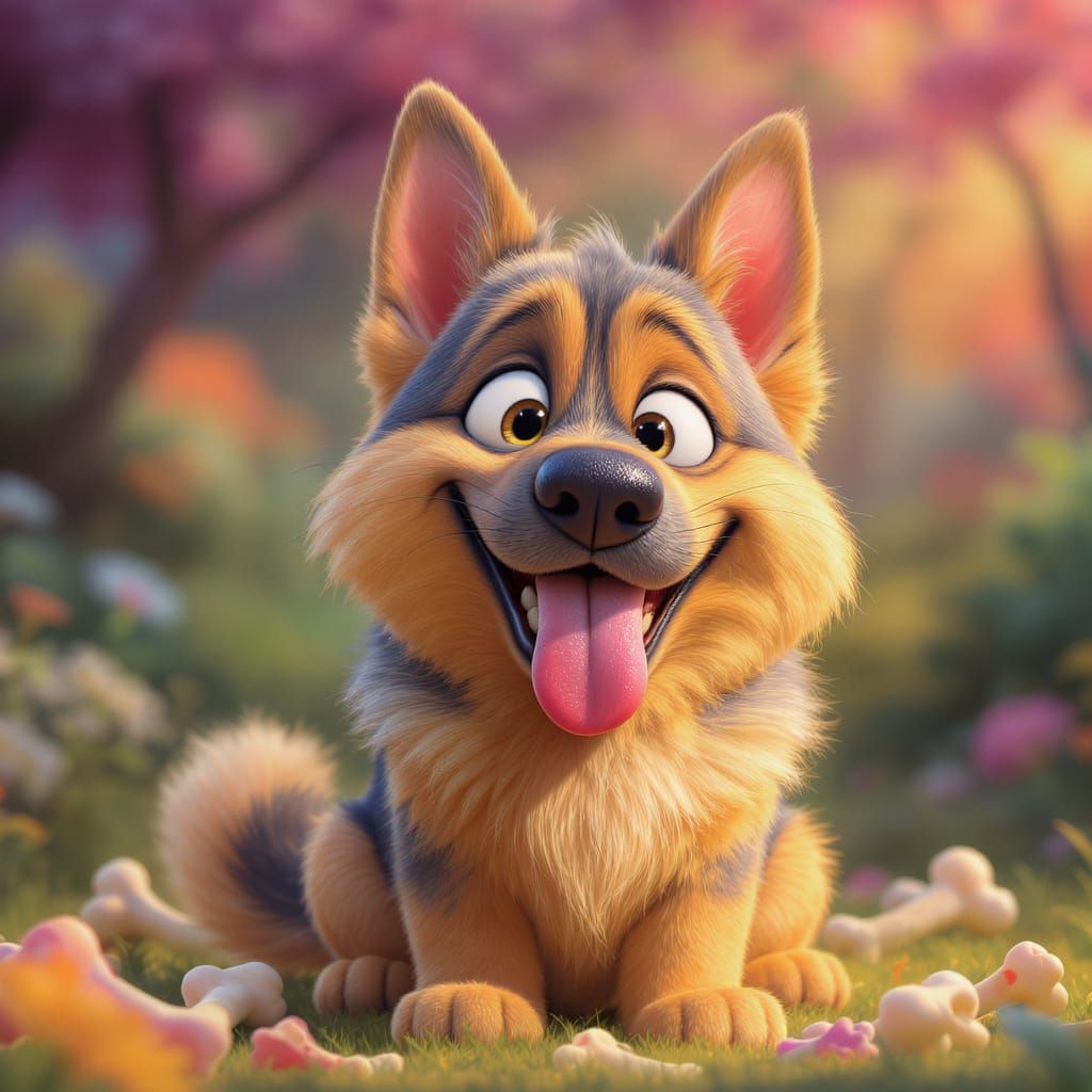 An adorable, cartoonish German Shepherd licks its lips with ...