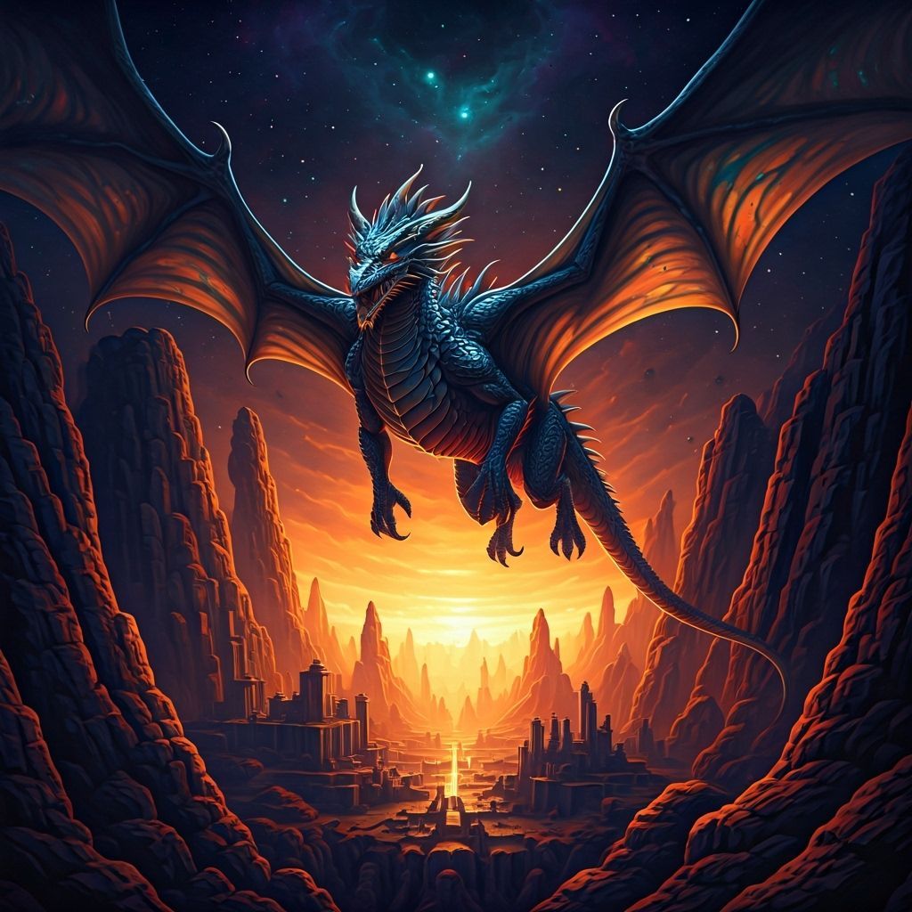 Majestic Dragon Soars Through Nebula Sky Above Ancient City