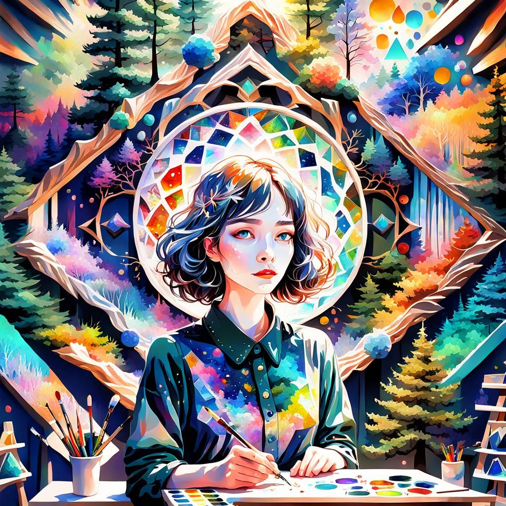 Dreamgirl Painting in Forest with Impasto Gouache