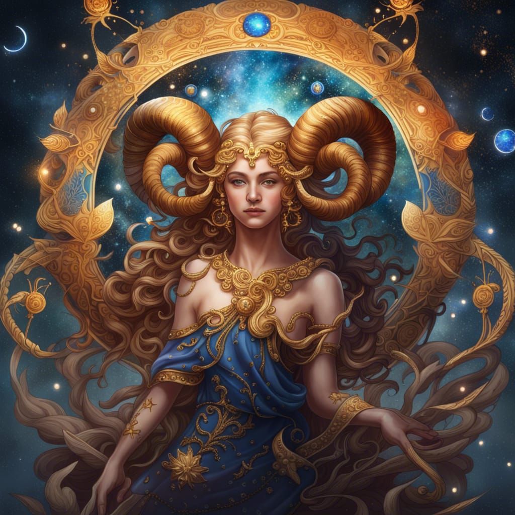 Virgo and Aries Merged - the goat of Aries and the maiden of Virgo intertwine into the cosmos