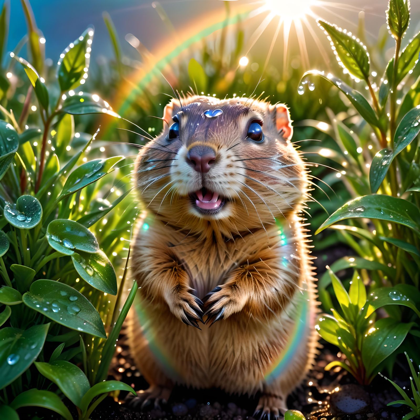 Gopher in Dew-Kissed Garden, Hyperreal Sunlight