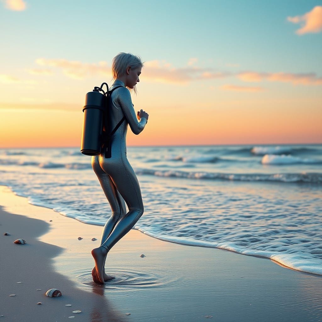 Surreal Beach Scene of a Blonde Girl in Shiny Latex Wetsuit,...