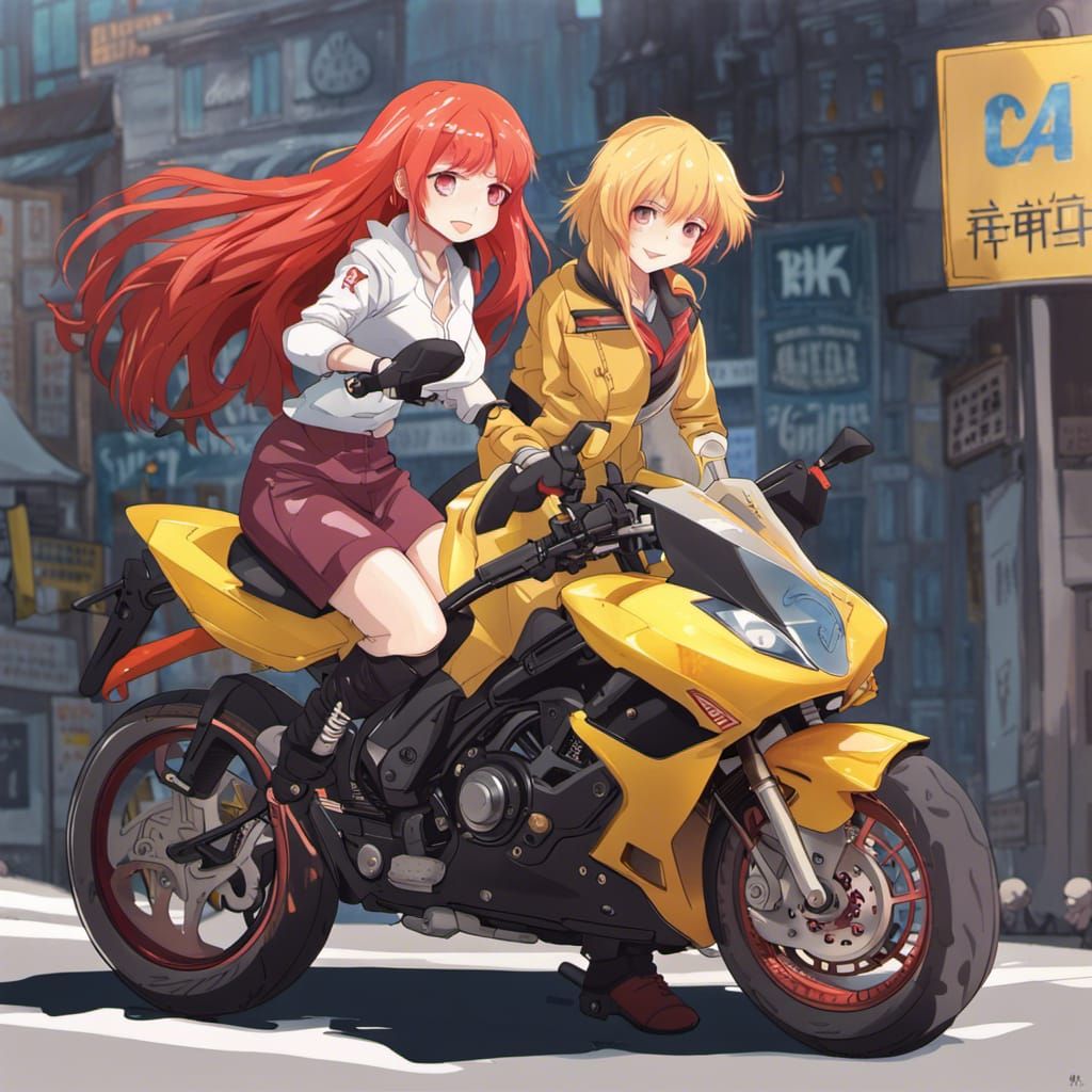 Anime Girls on Superbikes: Red and Yellow, 4K