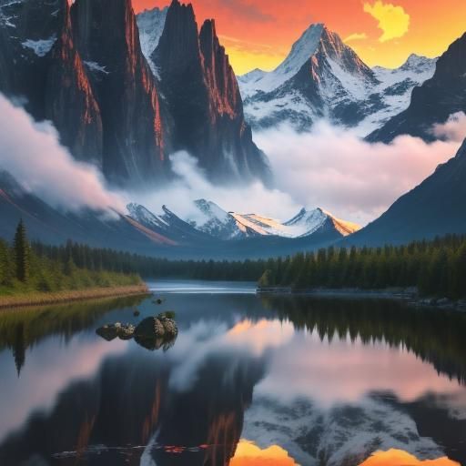 Waterfall and Mountains Reflected on Still Waters