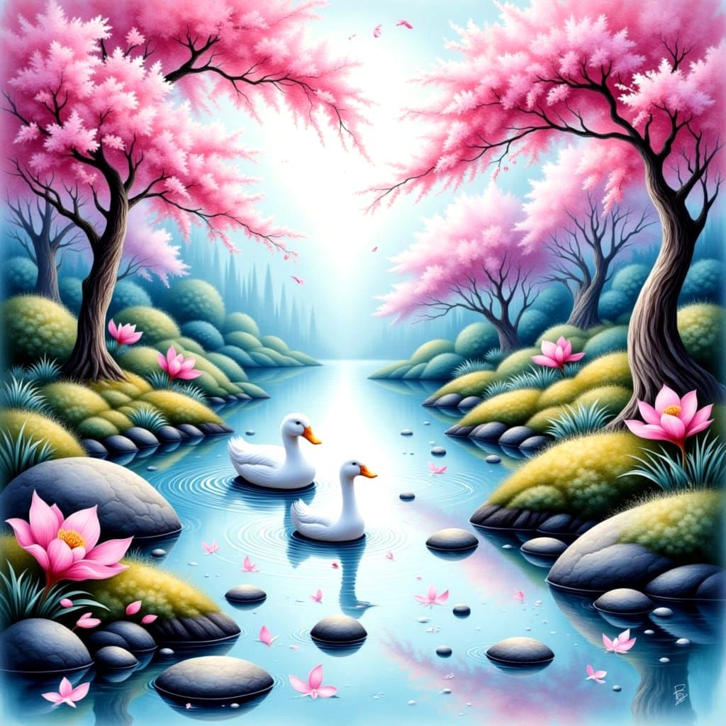 Vibrant Zen Garden with Ducks and Bubbles in a Tapestry of P...