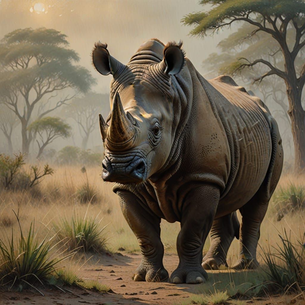 Majestic Rhinoceros in a Misty Savannah Landscape