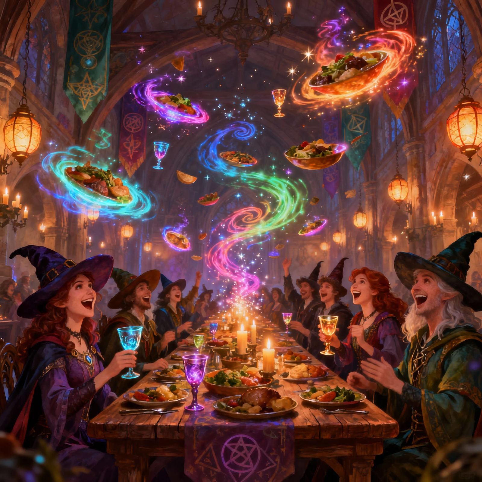 Magical Feast in Whimsical Hall with Floating Food