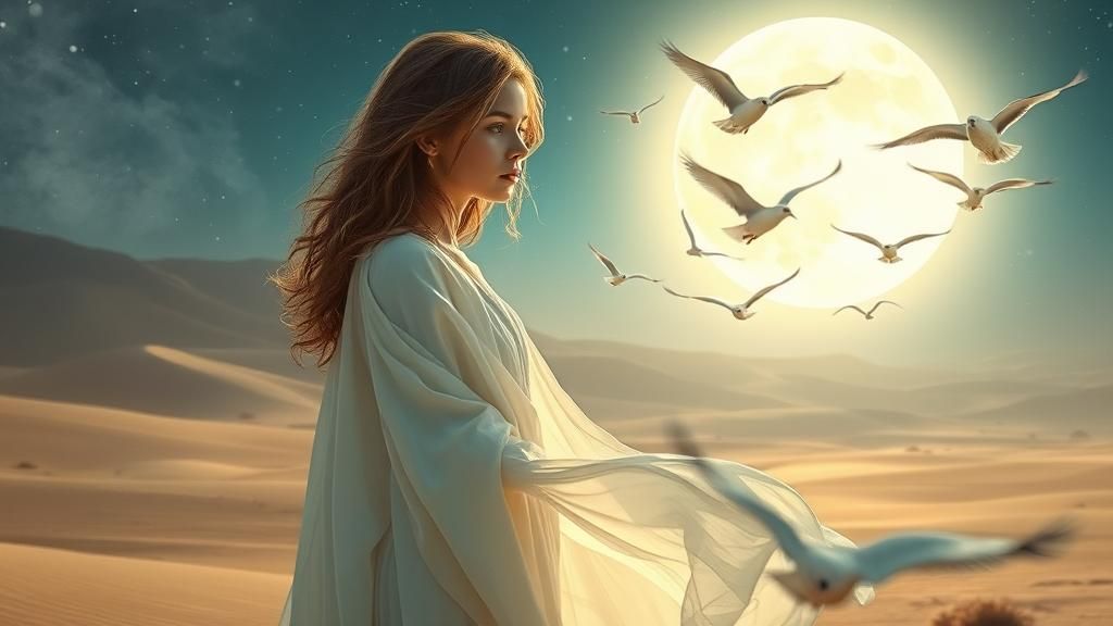 Mystical Woman in Desert Oasis, Romantic Style