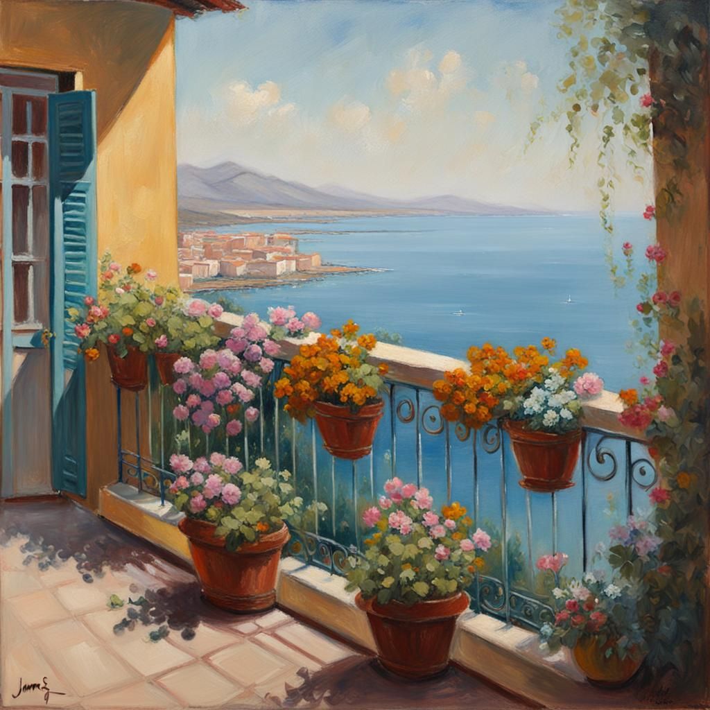 Spanish Balcony with Flowers, in Pastel Oil Painting
