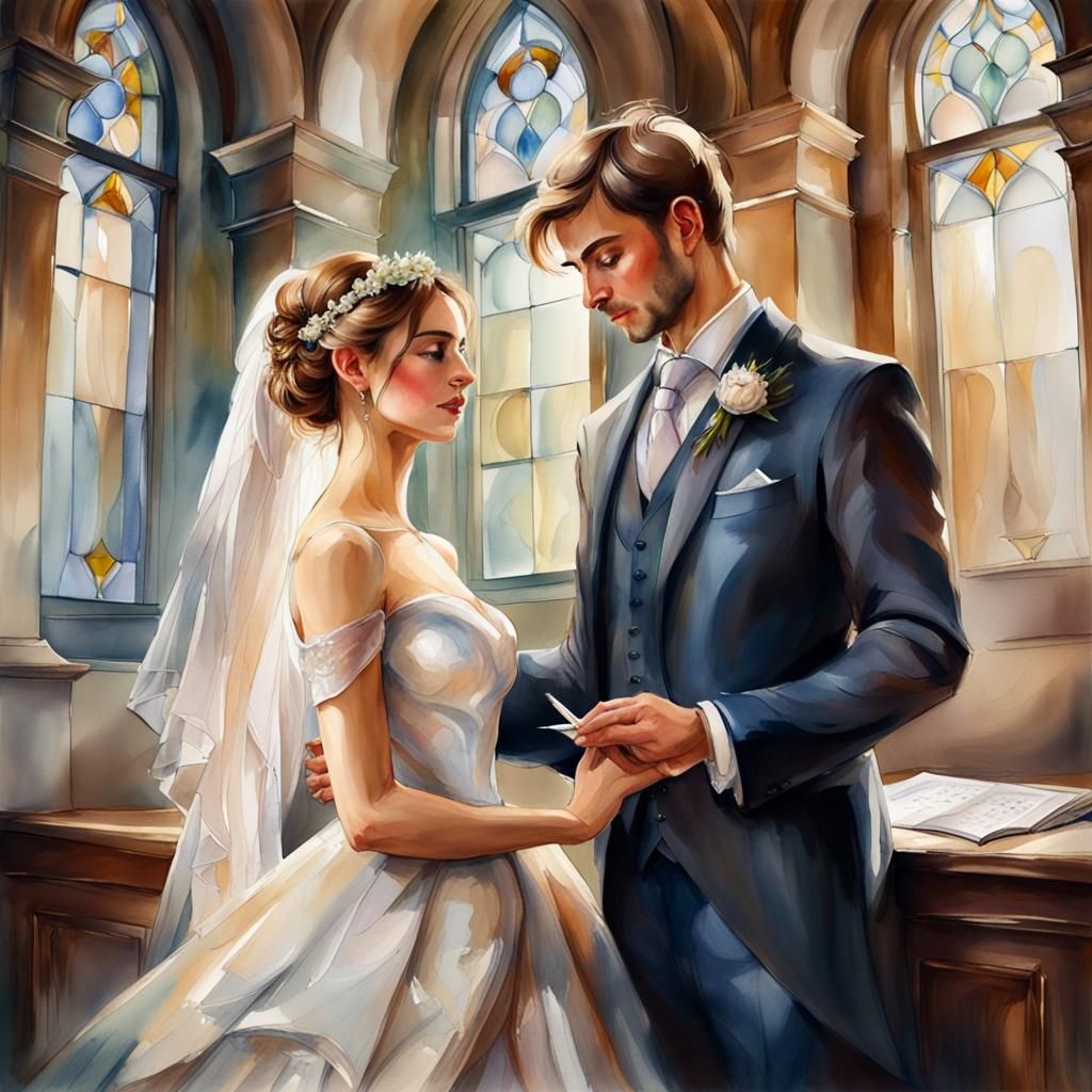 (bride and groom at the marriage registration in an antique ...