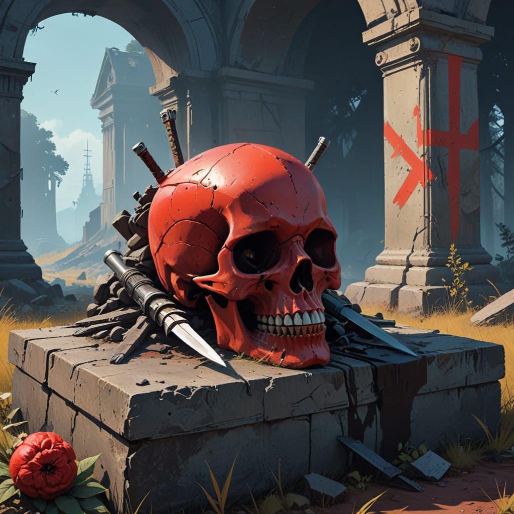 Bold Red Skull on Ancient Tomb with Sword