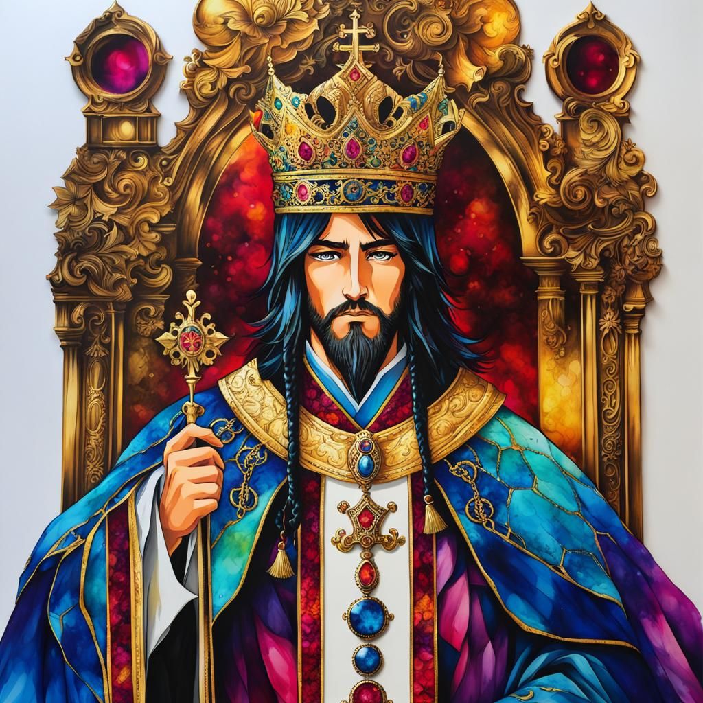 Anime Bishop Crowning King in Alcohol Ink