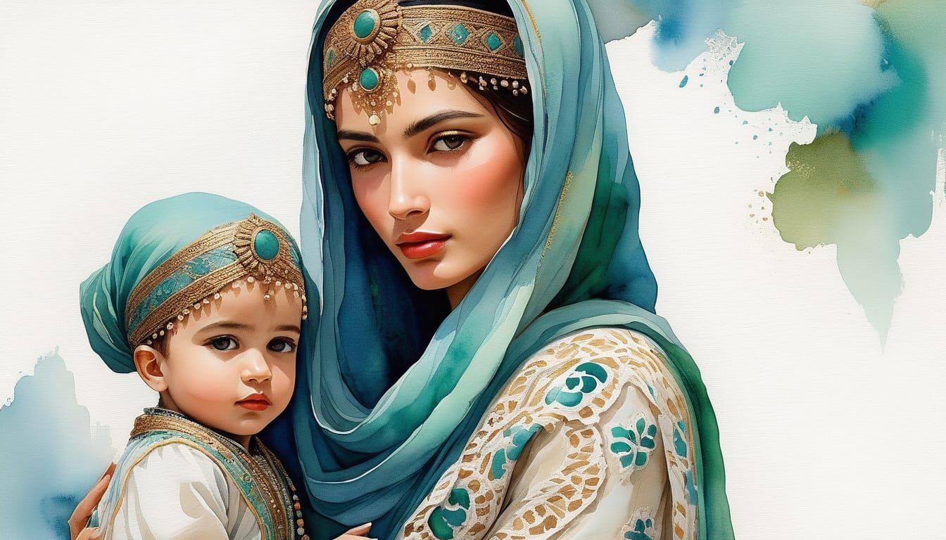 Algerian Woman in Whimsical Folk Art Style Holding a Child