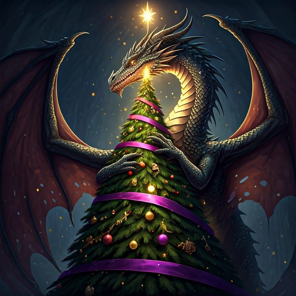 Majestic Christmas Dragon Adorns a Towering Tree in a Whimsi...