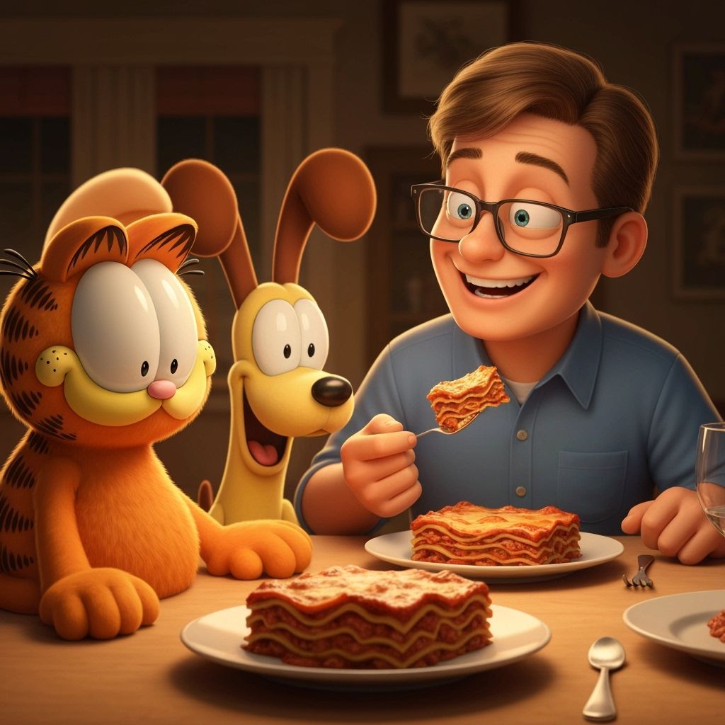 Garfield, Odie, and Jon Share Lasagna Dinner