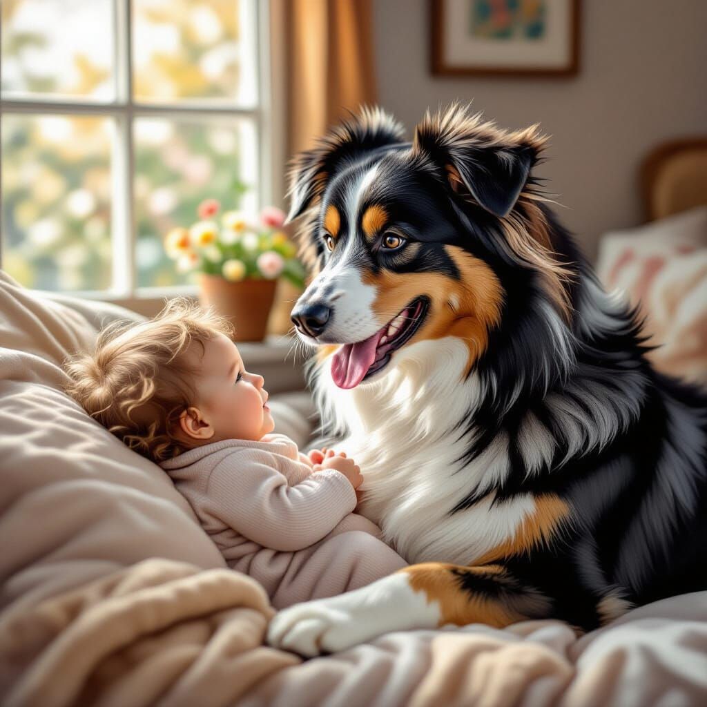 Happy Dog Mother and Puppy in Warm Setting