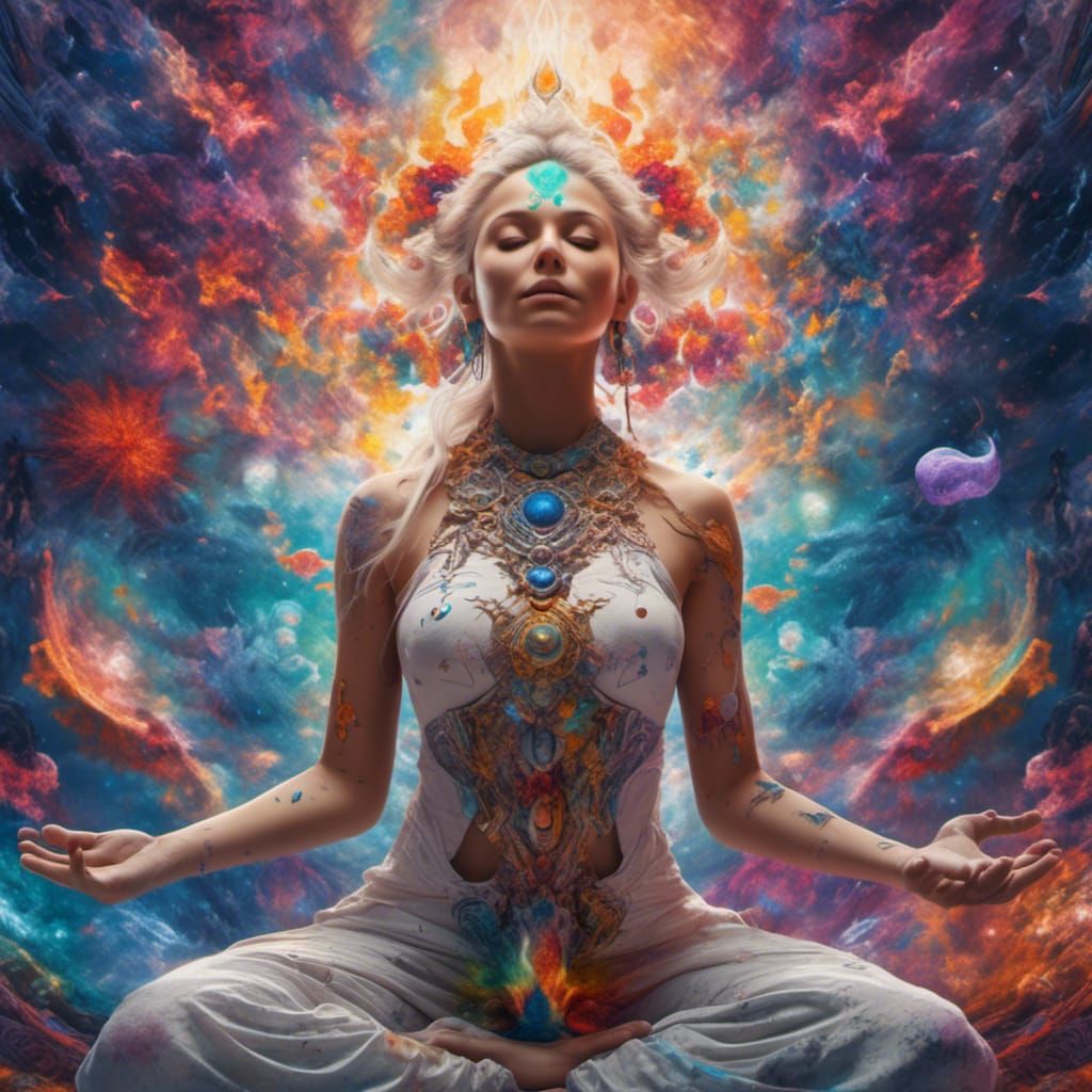 Goddess Meditating in Galaxy Environment as Digital Art
