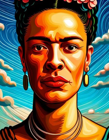 Surreal Frida Kahlo Portrait with Whimsical Landscape