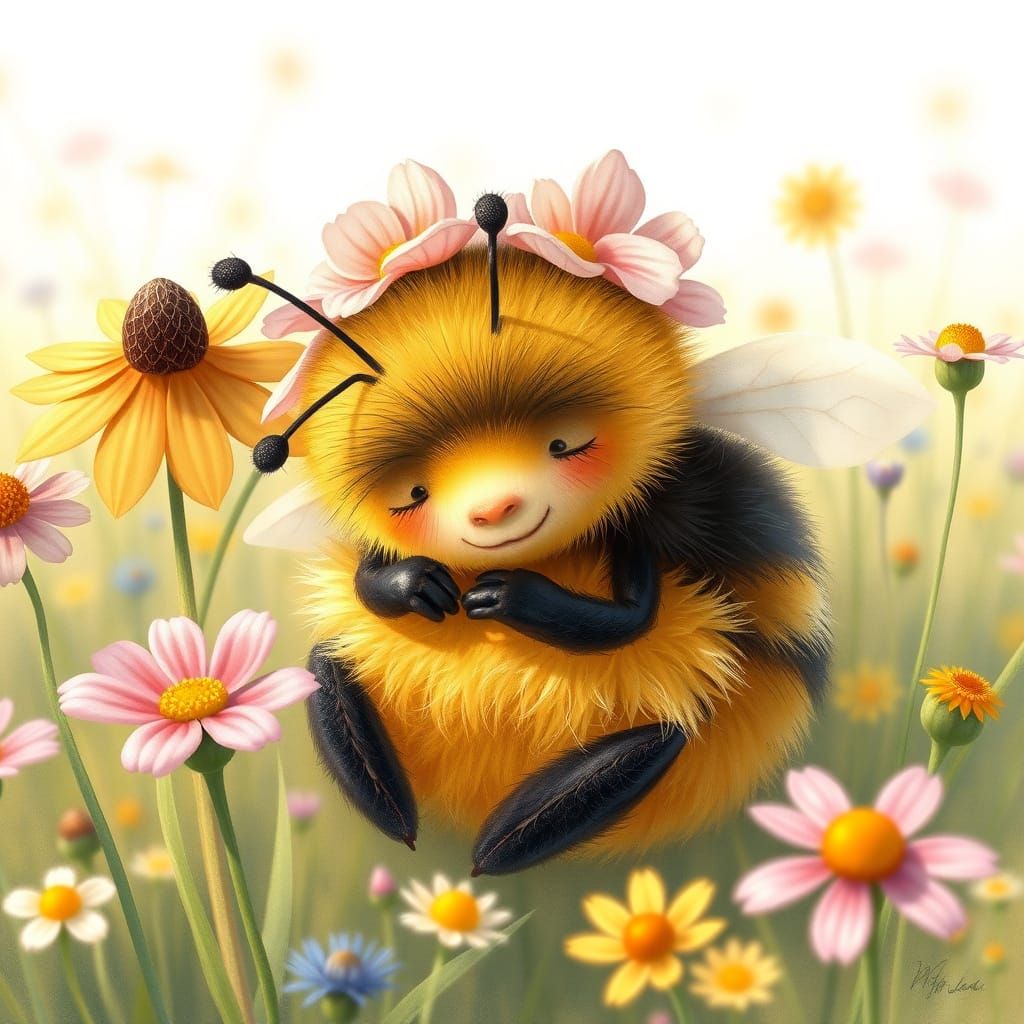 Bumblebee in Flower Hat, Storybook Illustration