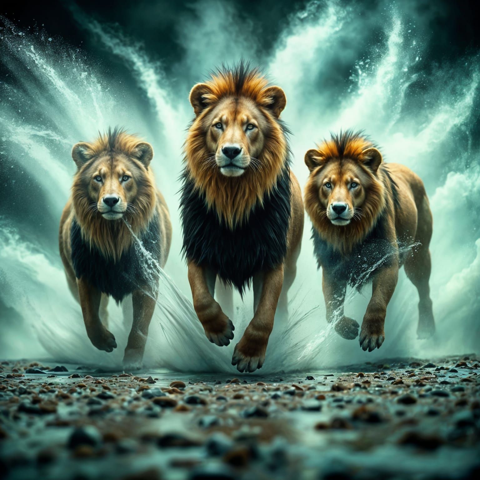 Hyperrealistic Lions in Dramatic Windswept Scene