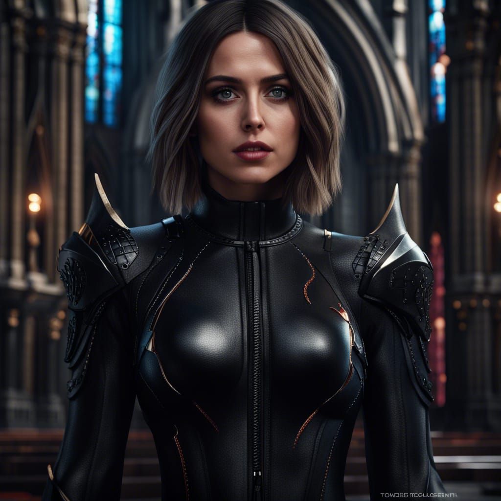 Woman in Leather Suit in Gothic Setting