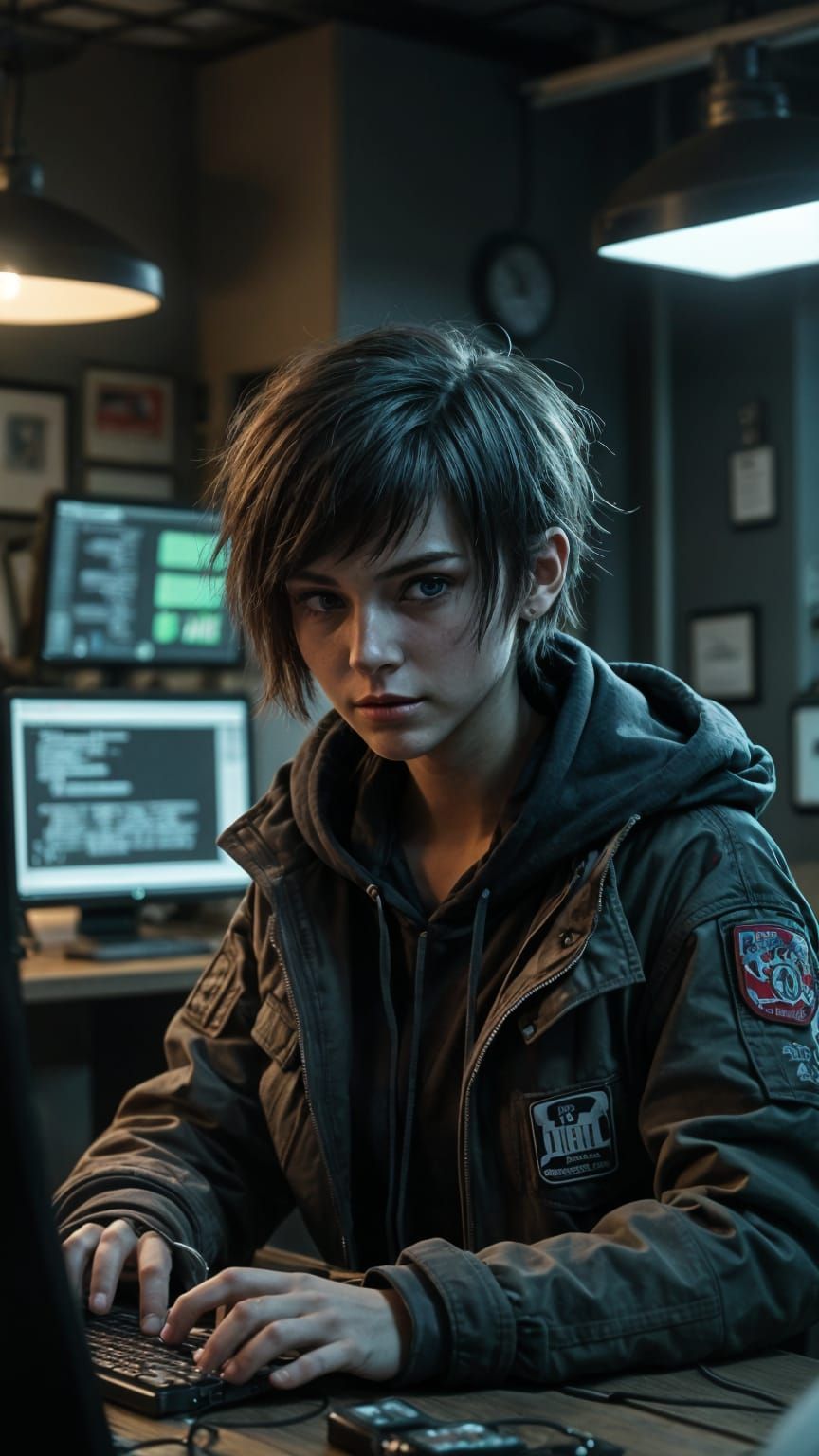 Hyperrealistic Portrait of a Scrappy Hacktivist