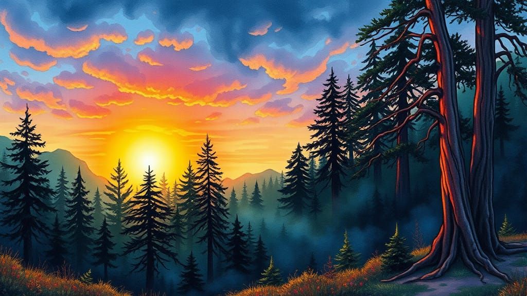 Colorful Fantasy Forest Sunrise in Whimsical Watercolor Post...