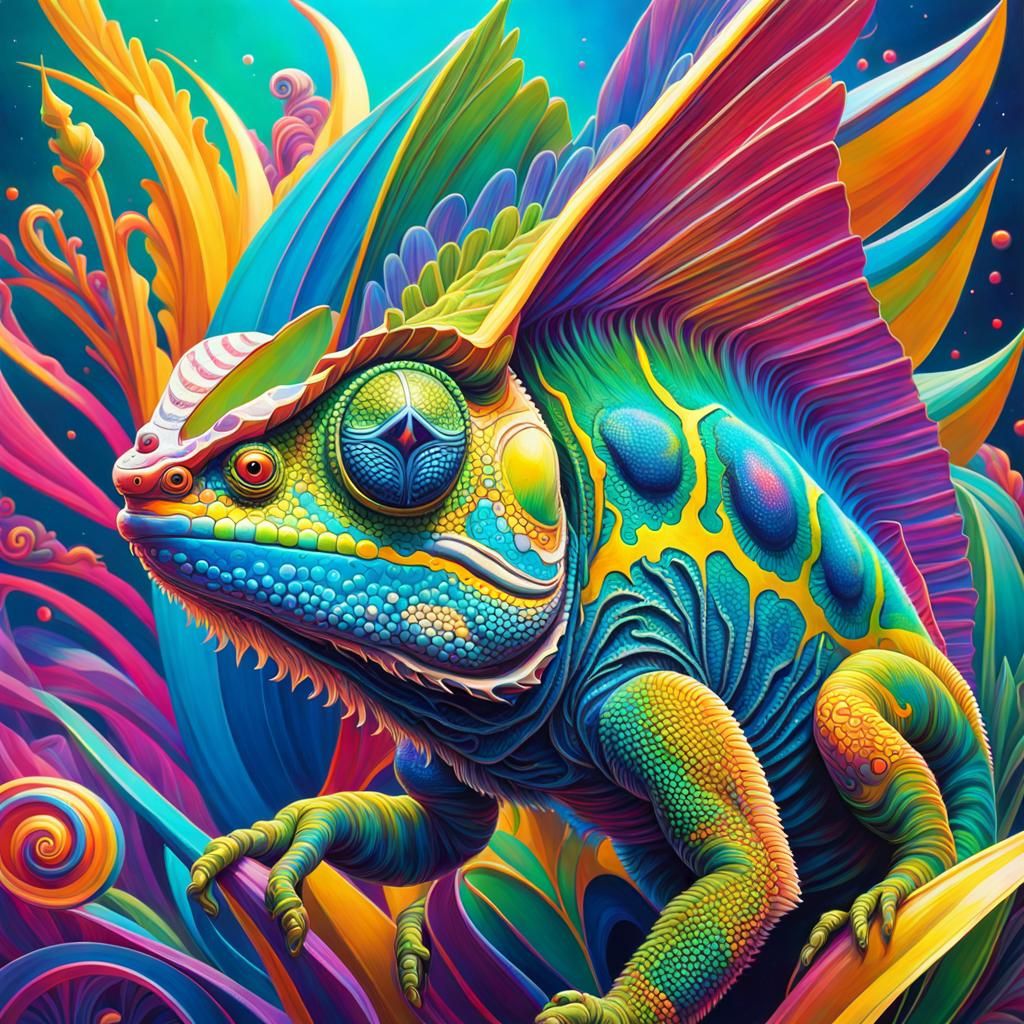 Psychedelic Chameleon Portrait in Space, Detailed Digital Ar...