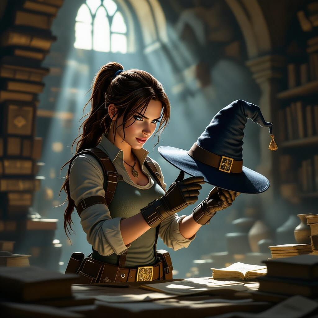 Lara Croft Holds Ancient Sorting Hat in Dusty Chamber