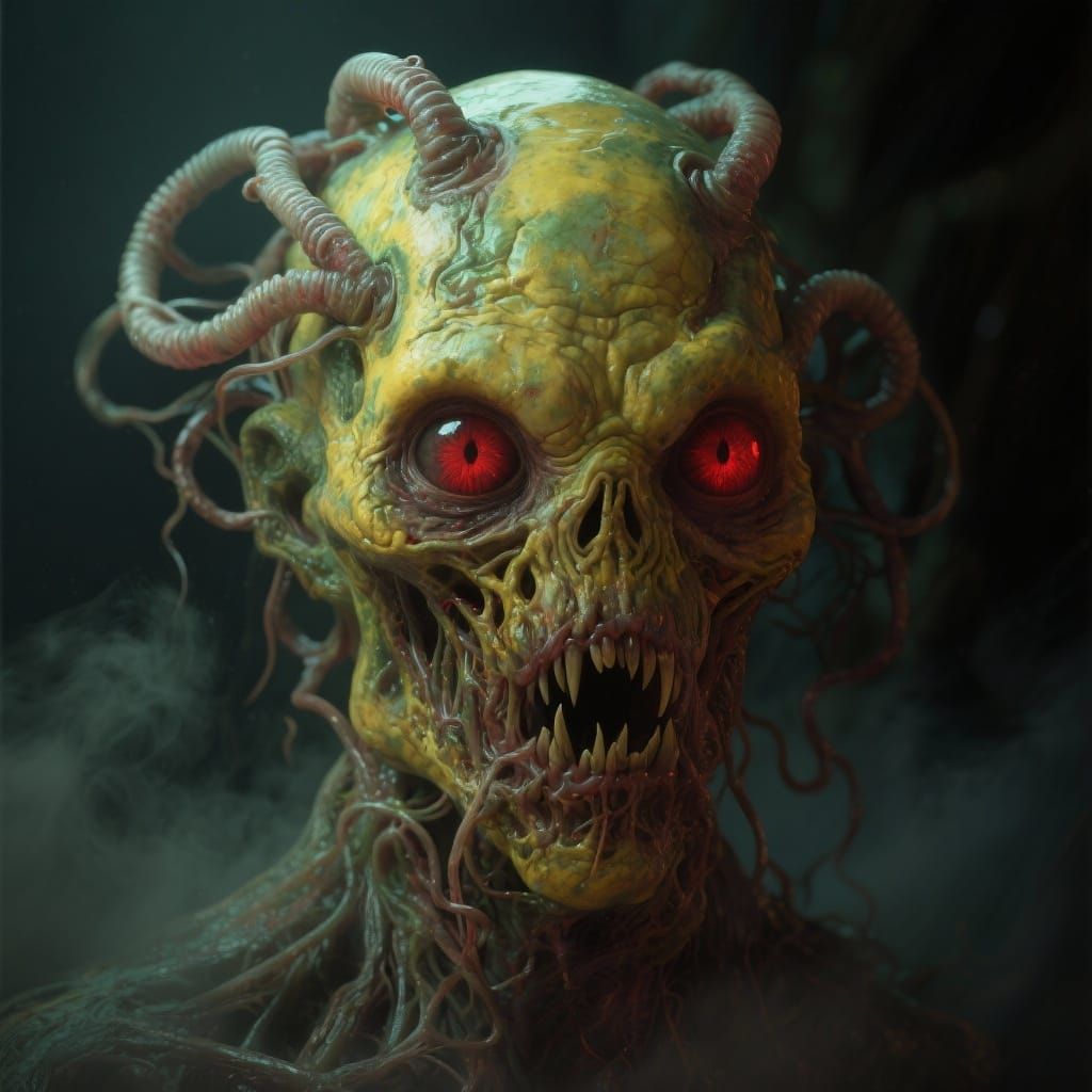 Unsettling Lovecraftian Face with Glowing Red Eyes in 3D Ren...