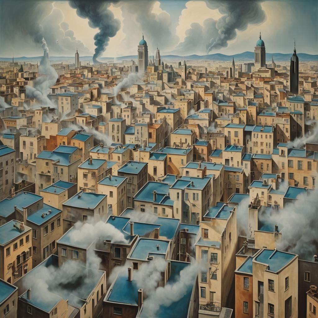 Art by Salvador Dali, René Magritte, an otherworldly cityscape where buildings and streets are crafted from delicate ten...