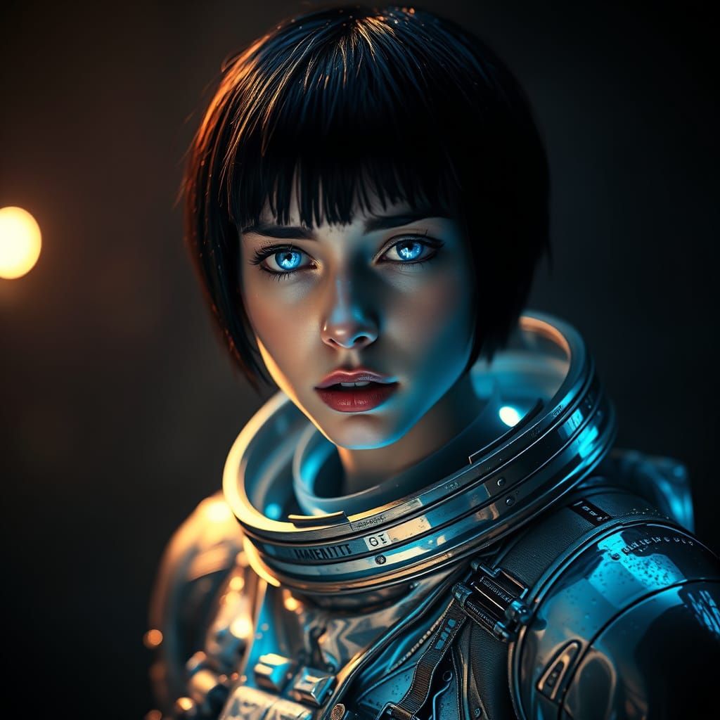 Glowing Woman in Metallic Space Suit Captivates with Intense...