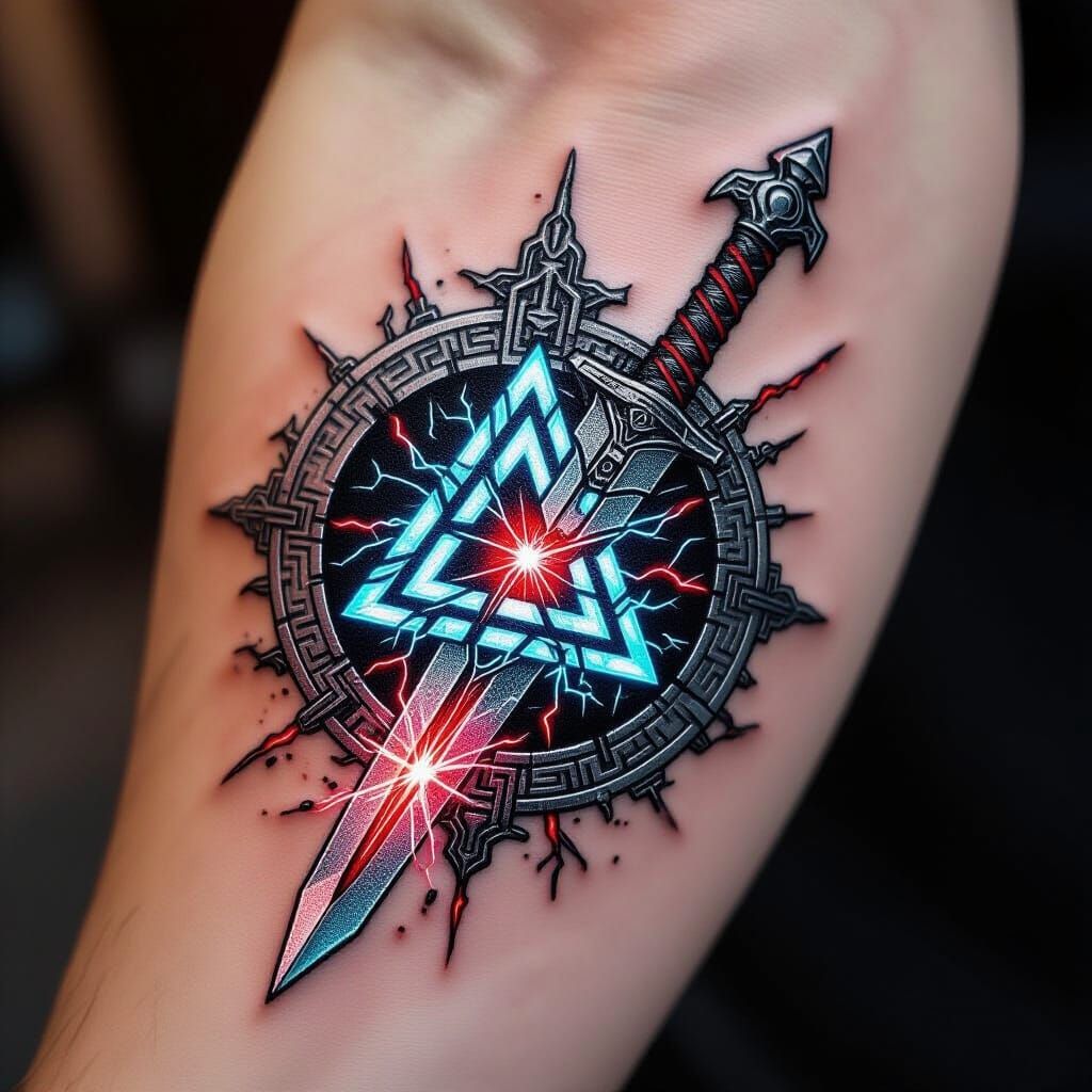 Cyberpunk Norse Tattoo: Gungnir Spear with Nano-Blade