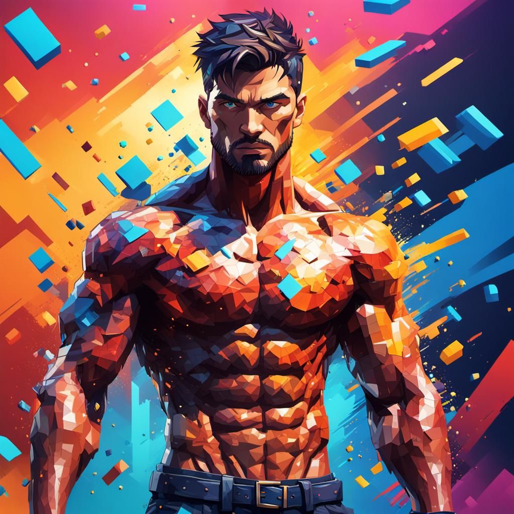 Pixelated Hyperrealistic Male Model with Abs and Muscles