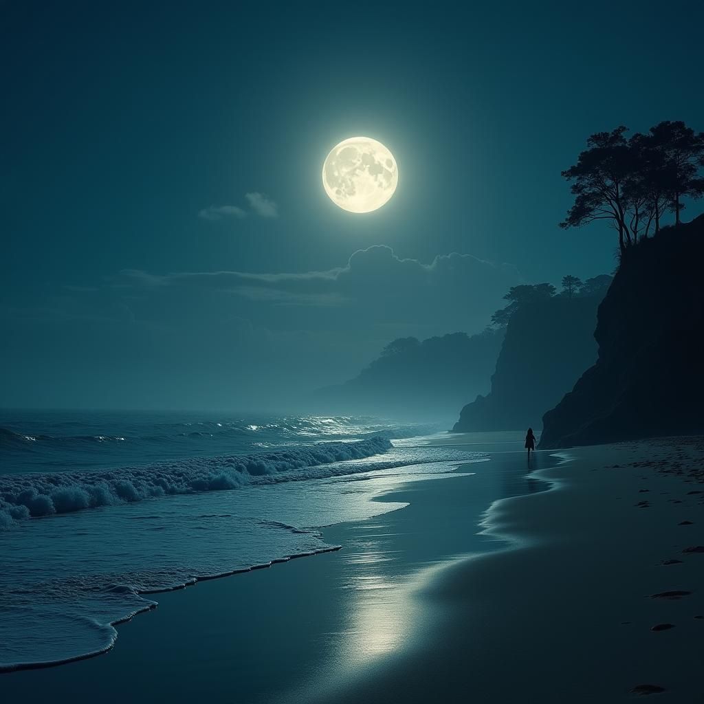 Moonlit Beach Reflection: Serene Digital Painting