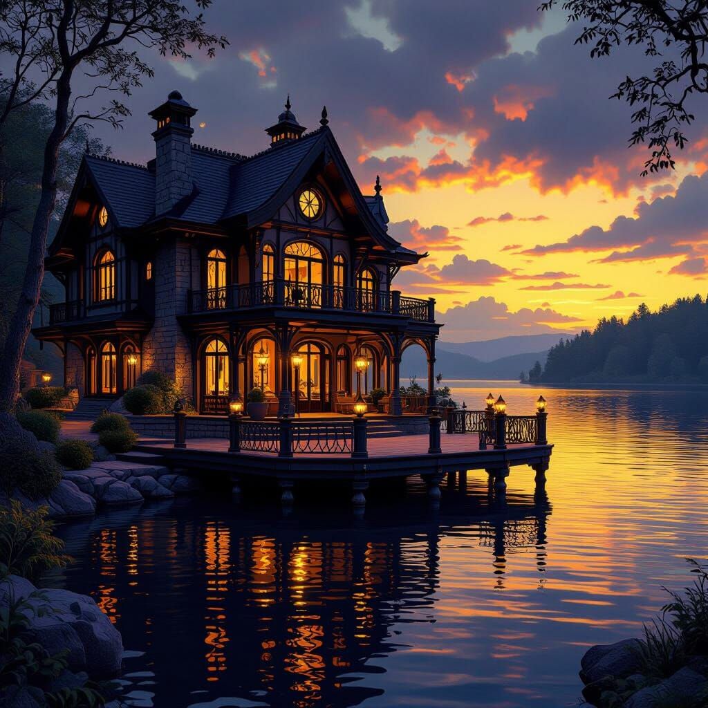 Majestic Lake House in Dark Fantasy Style