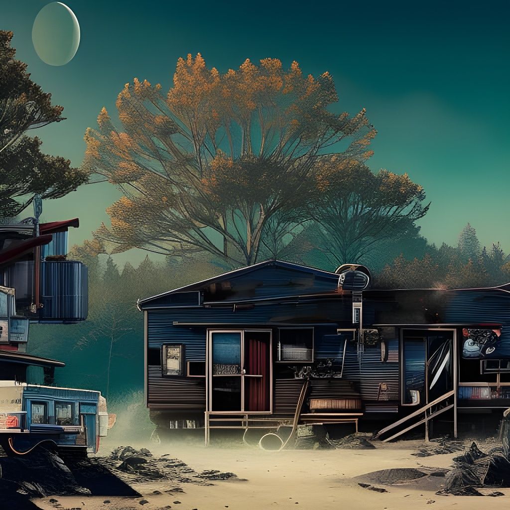 Surreal Trailer Park Moonscape in Collage Art Style