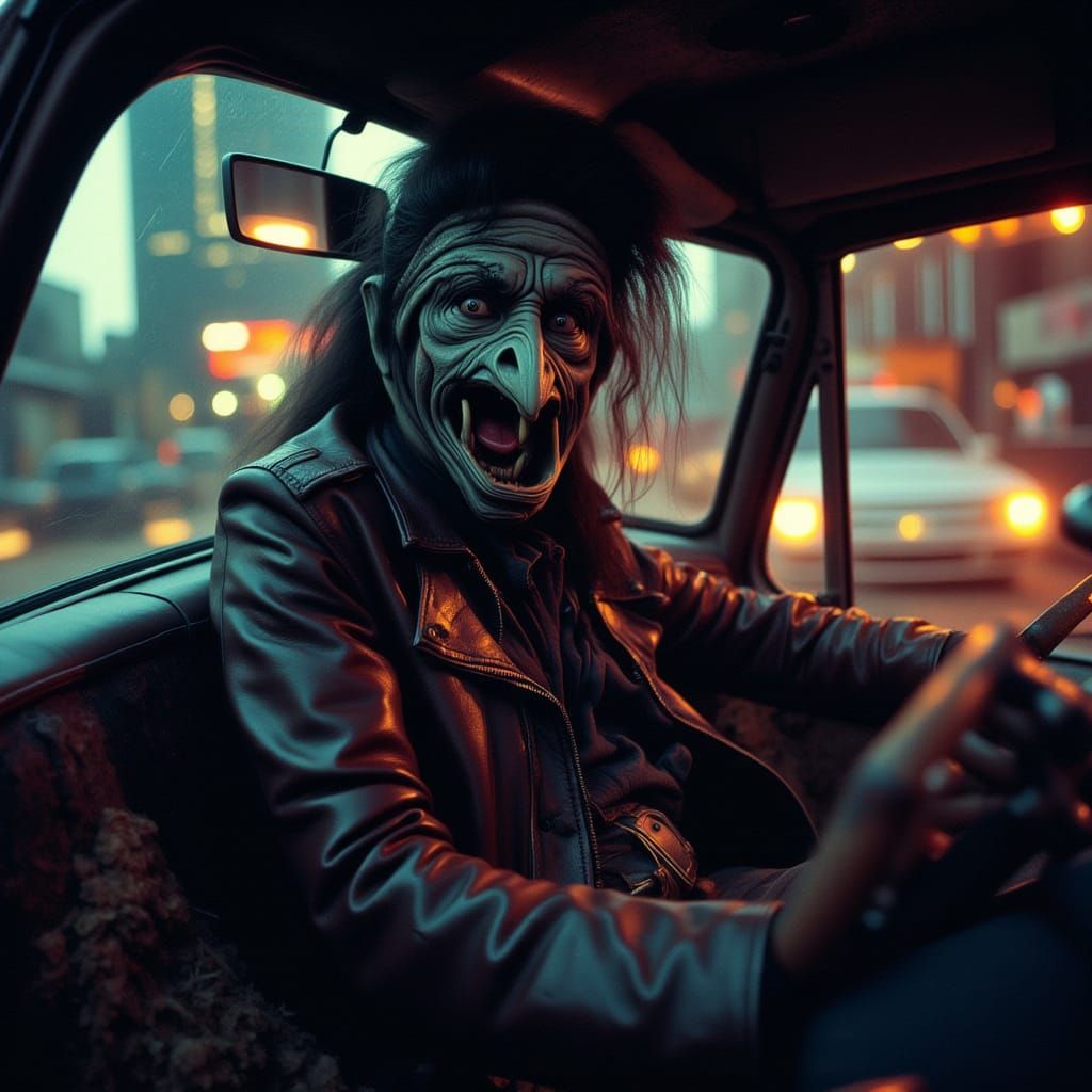 Ominous 80s Car Scene in Dark Fantasy Style