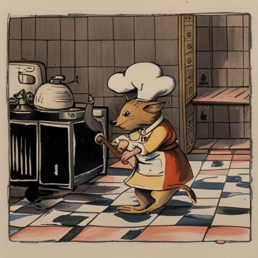 Chef Mouse in Run-Down Kitchen: Watercolor Dye-Transfer