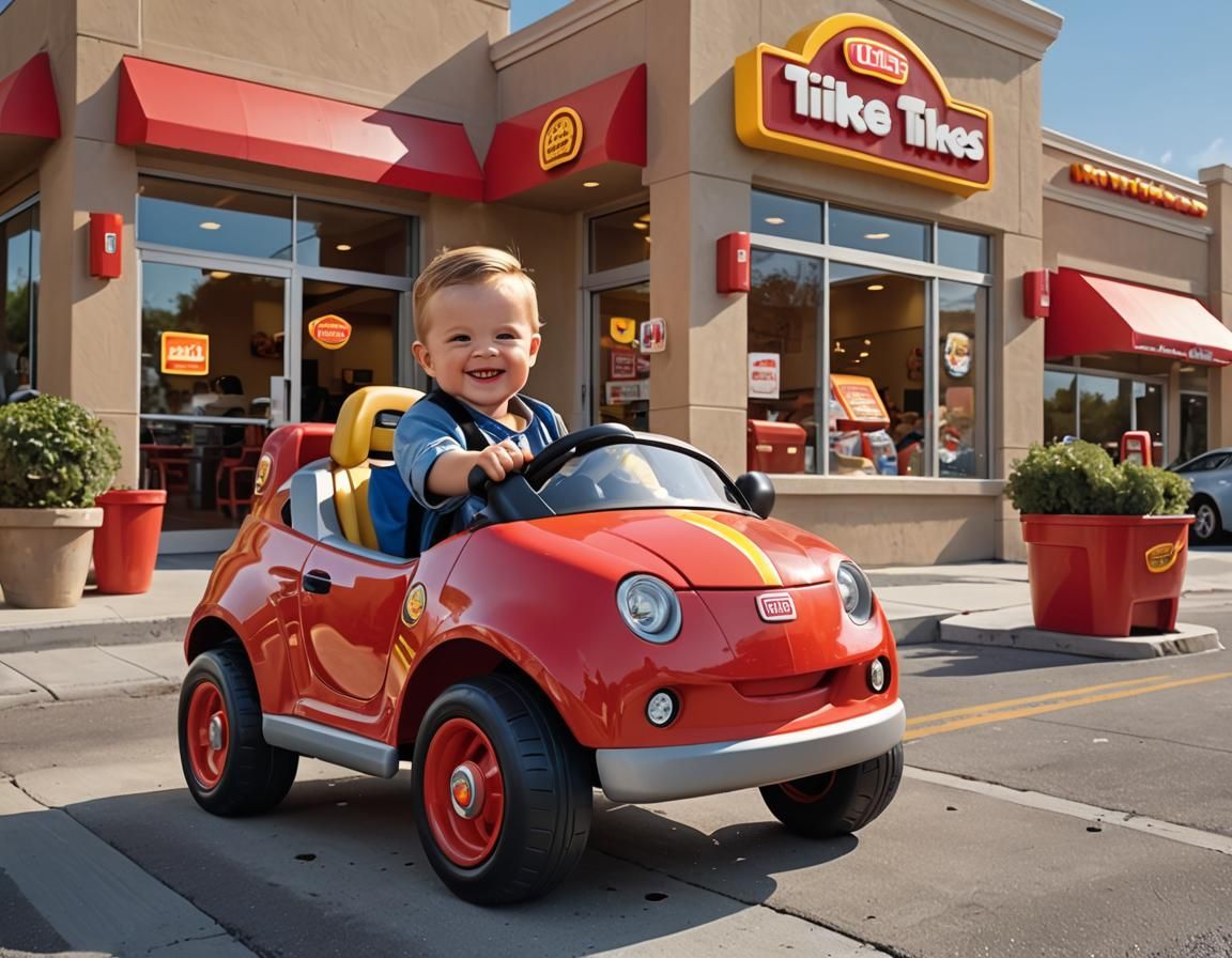 Toddler in Toy Car at Fast Food Drive-Thru