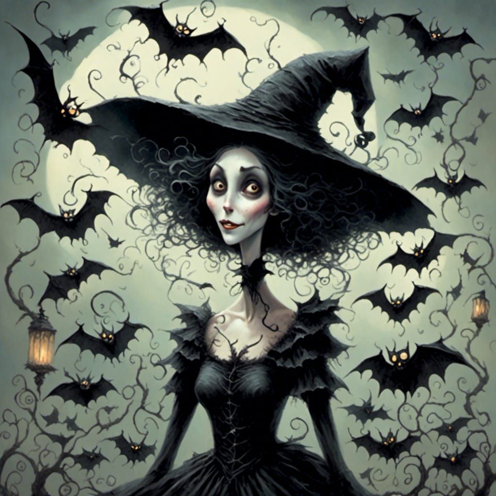 Gothic Witch with Bats in Tim Burton Style