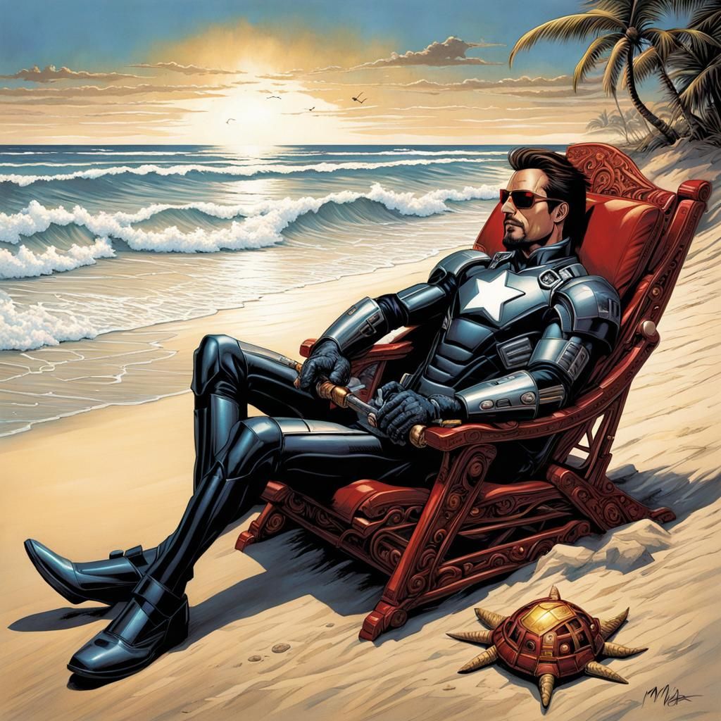 Iron Man Lounging on Beach in Comic Book Art