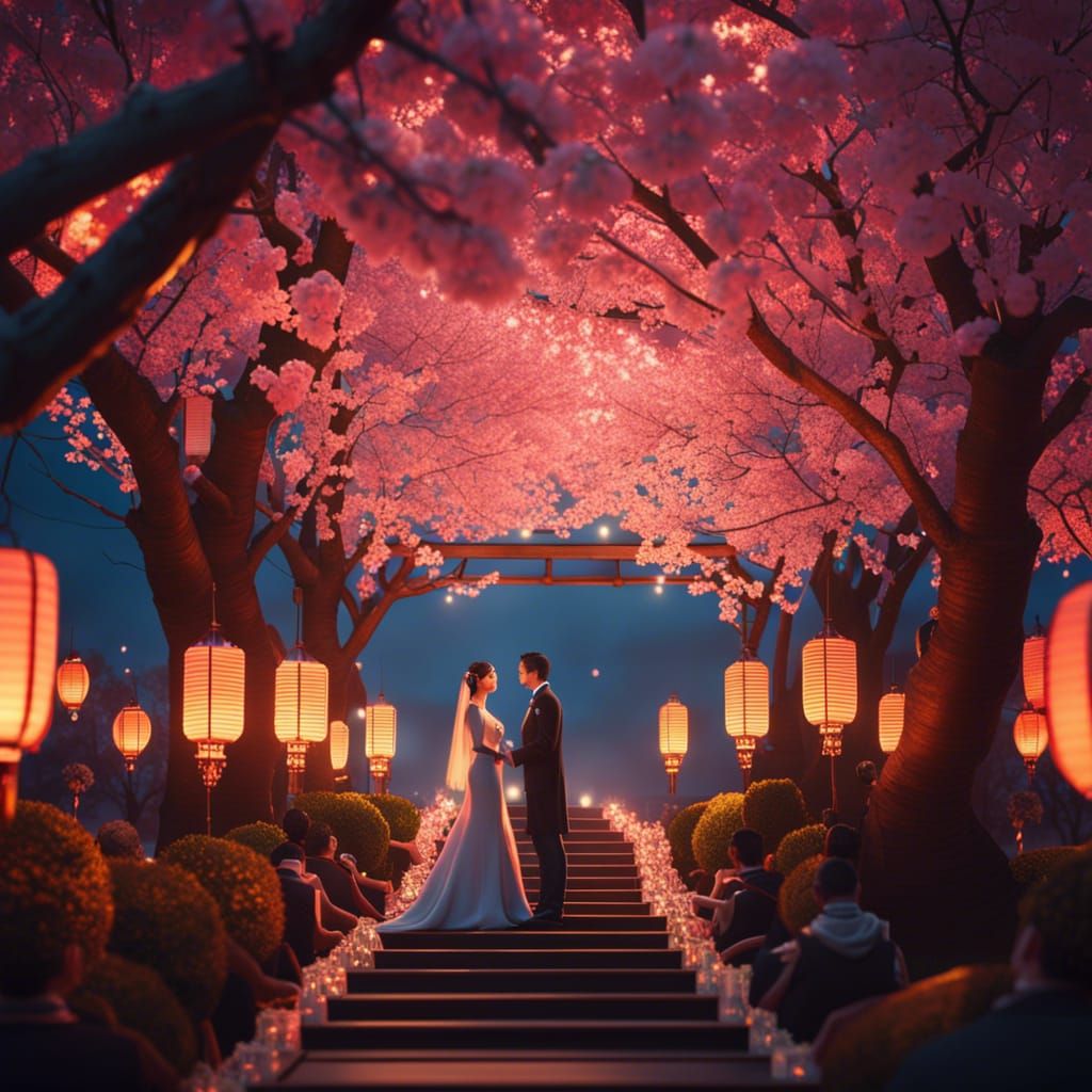 Japanese Wedding Celebration at Dusk in Hyperrealism